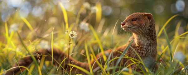 Obraz premium Sleek weasel in the grass, 4K hyperrealistic photo