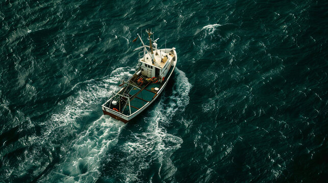 Fishinfishing boat, navigating high seas, ocean adventure, maritime journey, rough waters, sea exploration, fishing expedition, open ocean, nautical adg Boat Navigating the High Seas - Ocean Adventure