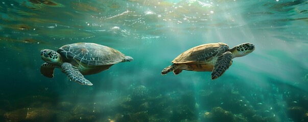 Obraz premium Playful sea turtles swimming gracefully, 4K hyperrealistic photo