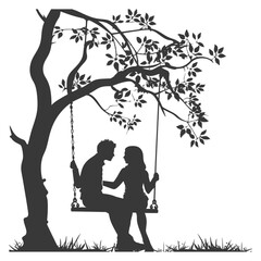 Silhouette Couple Sharing Intimate Moment on Tree Swing