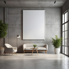 A modern office with a large blank white poster, a light spacious interior, and a concept of advertising space. 3D Rendering
