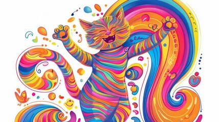 Dancing doodle cat, under a rainbow, joyful expression, whimsical design, isolated on white background
