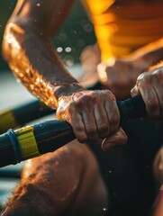 Close up of rower s hands in sync, illustrating olympic teamwork concept in summer games
