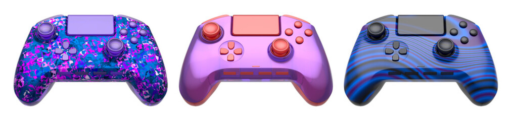 Collection of gaming controllers with different colors and designs for gaming enthusiasts isolated on white background with clipping path