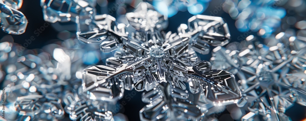 Poster microscopic view of a snowflake with intricate crystalline structure, 4k hyperrealistic photo