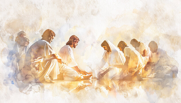 Jesus washing the feet of his disciples faith Christianity God love humility service Easter Holy Week Maundy Thursday watercolor art