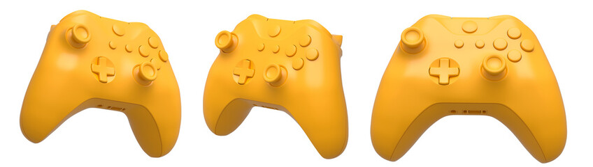 Collection of gaming controllers with different colors and designs for gaming enthusiasts isolated on white background with clipping path