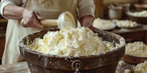 Fototapeta premium A baker mixing dough in a large wooden bowl.