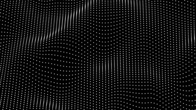 Flowing white dots wave on a black background. Abstract digital particle and dot wave animation.