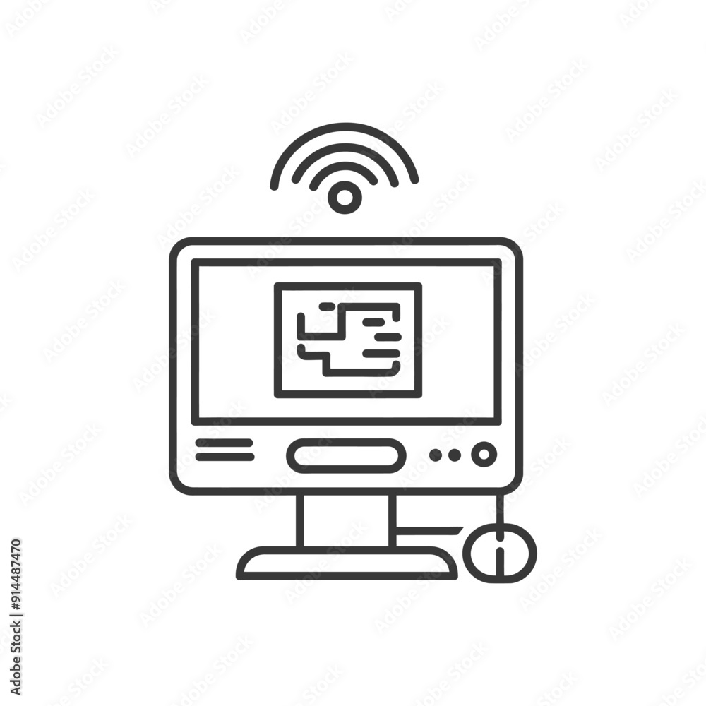 Poster Wireless Circuit Design on Computer Screen, Line Art Icon