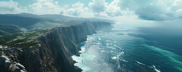 Majestic cliffside with an ocean view, 4K hyperrealistic photo