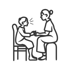 Elderly Woman Sharing Story with Caring Nurse, Line Art Illustration