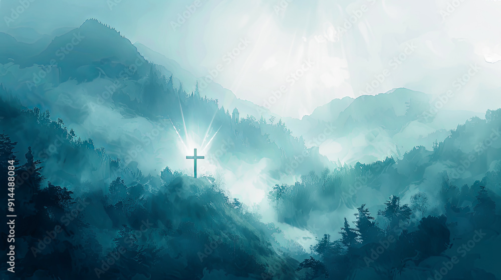 Wall mural Christian cross over mountain with sun rays shining light hope salvation jesus christ god religious faith heaven worship christianity easter sunday bible spiritual background illustration