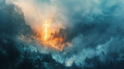 Fototapeta premium Glowing cross forest clouds mountains fantasy landscape mystical magical surreal spiritual light darkness nature hope religion faith scenic tranquil