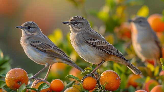 Diverse array of bird specie including Mockingbirds Mimus polyglottos Finches Fringillidae family Thrashers Mimidae family coexisting harmoniously citrus orchard each specie contributing vibrant