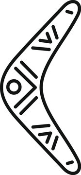recommend clip art: Simple black line drawing of an australian traditional boomerang with ethnic ornament is flying on a white background