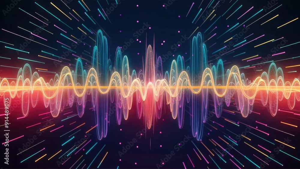 Poster vibrant abstract sound wave visualization technologythemed background with colorful dots sound equal