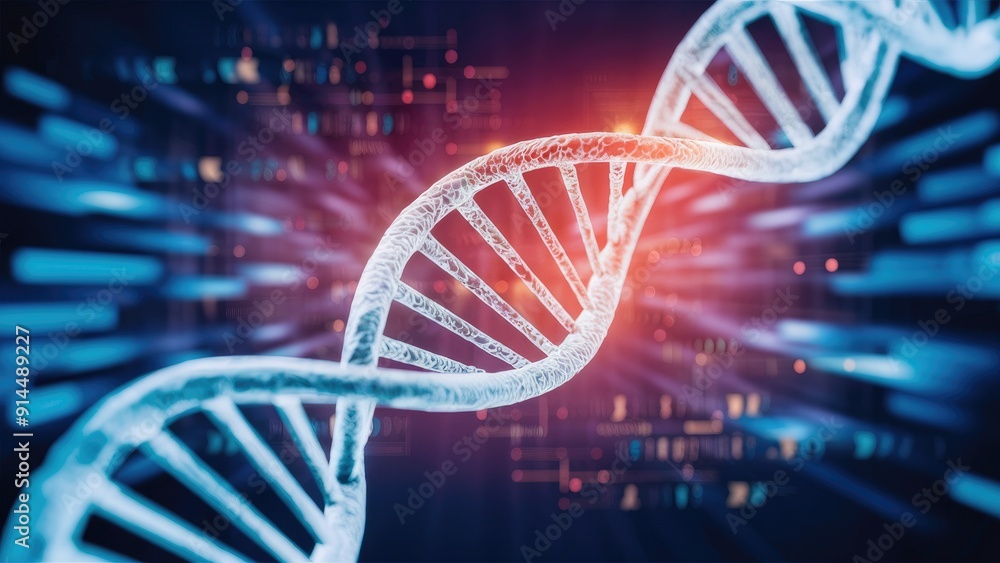 Poster abstract rotating dna molecule on a futuristic background with blurred data visuals
