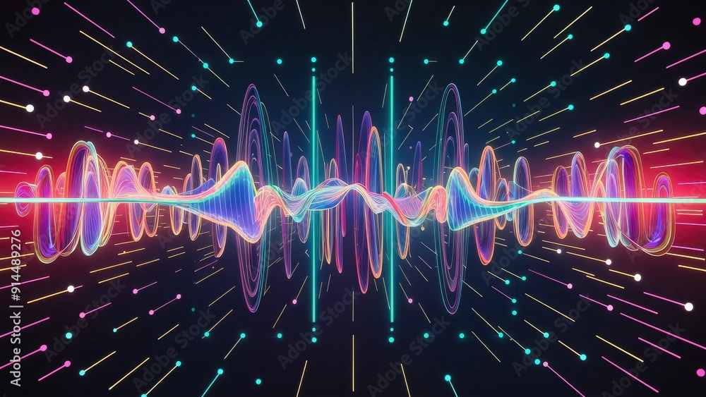 Poster vibrant abstract sound wave visualization technologythemed background with colorful dots sound equal