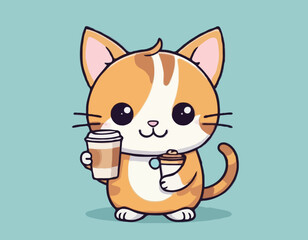 Cute little cat with coffee drink kawaii character
