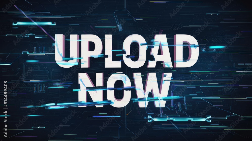 Poster 3d rendering of upload now text featuring dramatic technological glitches and diverse screen interfe