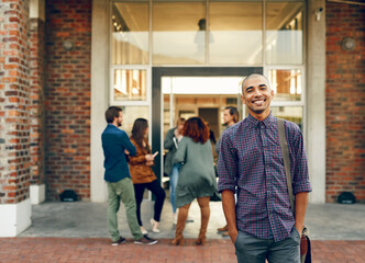 Portrait, happy man or confident college student on campus in university for opportunity, future or study. Outdoor, biracial person or proud scholar with smile for school, education or scholarship