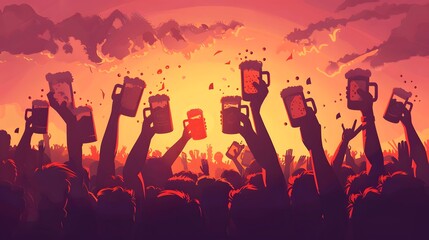 Fototapeta premium Oktoberfest, beer festival. Vector illustration of German holiday. Table, people, and hands holding glasses.