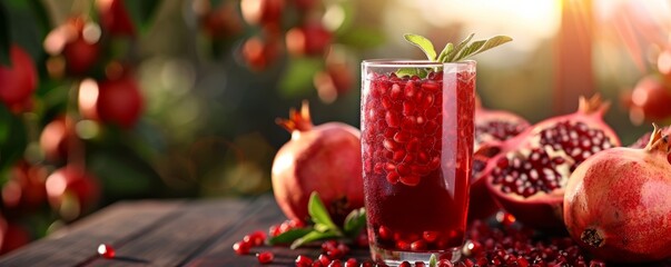 Glass of fresh pomegranate juice, 4K hyperrealistic photo