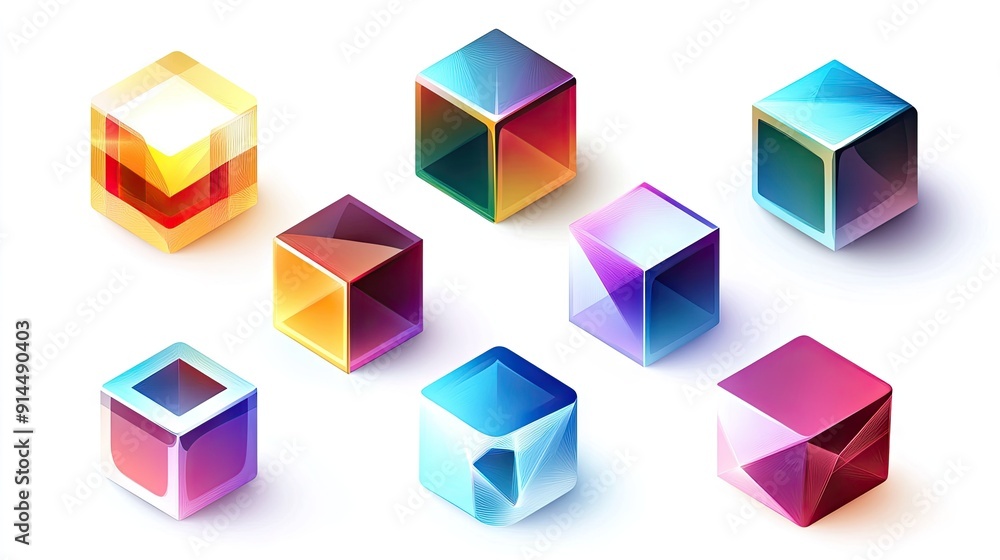 Poster 3d geometric cubes with various gradient hologram color shades, isolated on a white background for a