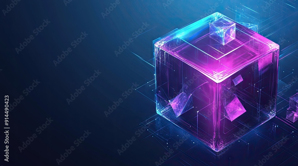 Poster 3d holographic abstract cube with crystal blocks and a purple color texture, isolated on a blue back