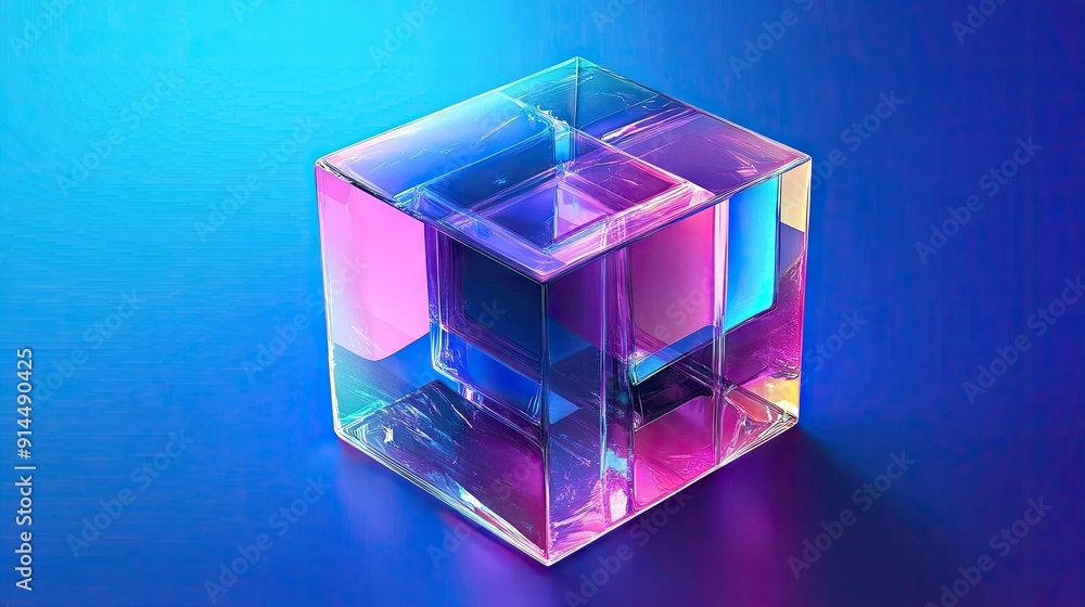 Poster 3d holographic abstract cube with crystal blocks and a purple color texture, isolated on a blue back