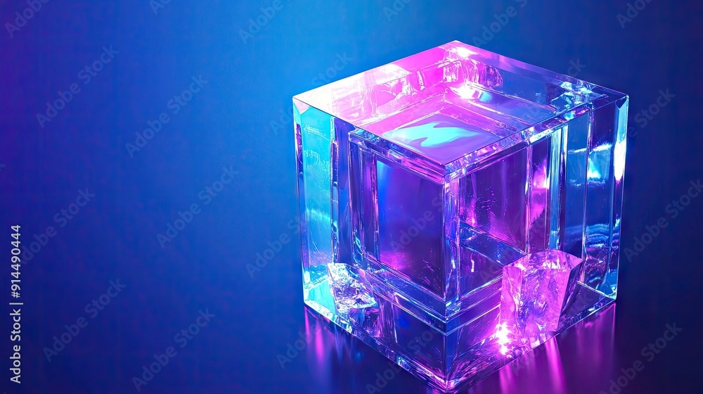 Poster 3d holographic abstract cube with crystal blocks and a purple color texture, isolated on a blue back