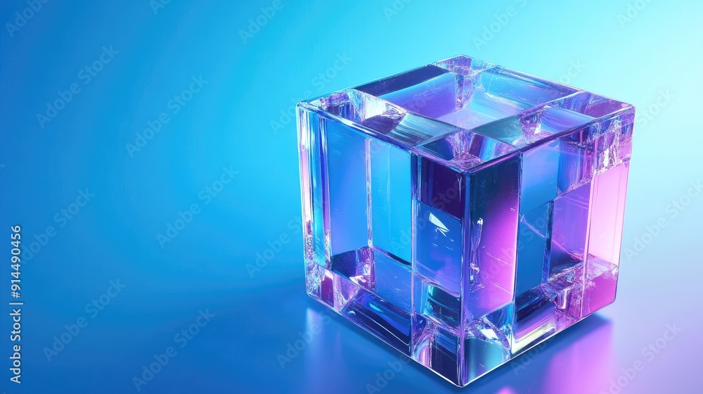 Poster 3d holographic abstract cube with crystal blocks and a purple color texture, isolated on a blue back