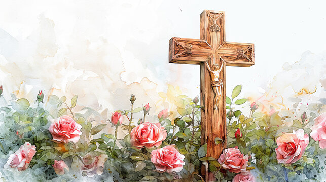 Christian cross faith jesus christ rose flowers religion easter watercolor love hope faith god spiritual christianity religious symbol belief spirituality church pray blossom nature pink plant garden