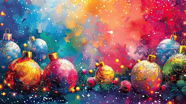 A joyful Christmas card featuring customizable vibrant Christmas bulbs and joyful festive motifs on a colorful background