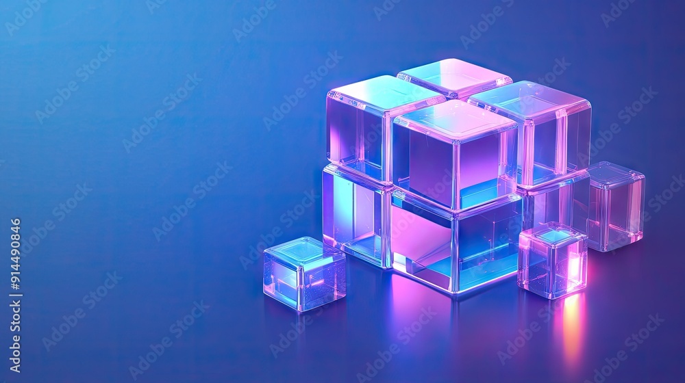 Aufkleber abstract 3d cube with a holographic purple finish and crystal blocks, creating a futuristic look aga