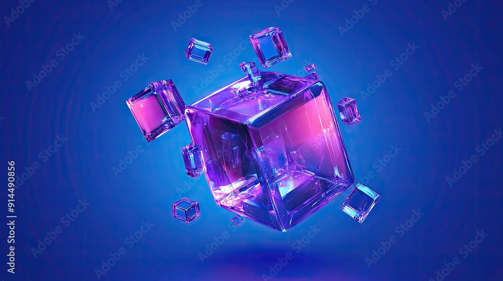 Poster abstract 3d cube with a holographic purple finish and crystal blocks, creating a futuristic look aga