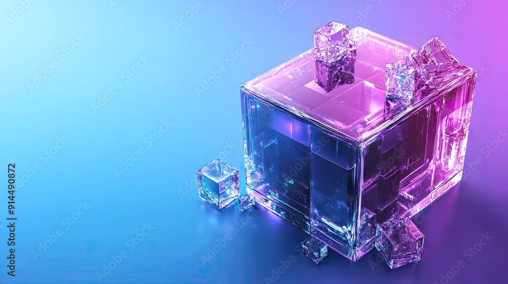 Poster abstract 3d cube with a holographic purple finish and crystal blocks, creating a futuristic look aga