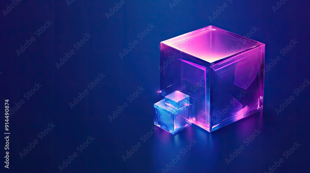 Poster abstract 3d holographic cube with crystal blocks and purple color texture, isolated on a blue backdr