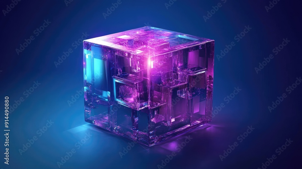 Poster abstract 3d holographic cube with crystal blocks and purple color texture, isolated on a blue backdr