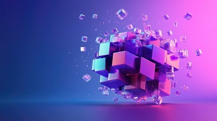 Abstract 3D cube with a holographic purple texture and crystal blocks, isolated on a blue background, creating a modern and eye-catching vector illustration.