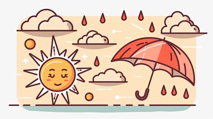 Fototapeta premium A simple line drawing depicts the sun, clouds and an umbrella 