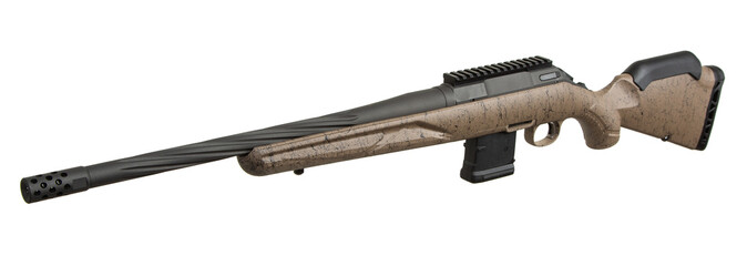 Modern bolt carbine isolated on white background. Weapons for sports, hunting and self-defense.