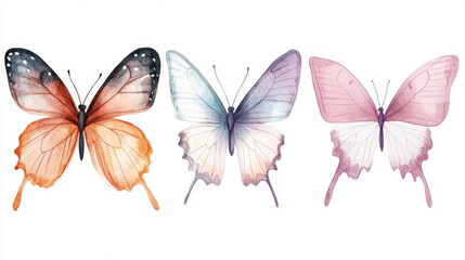 Obraz premium Beautiful watercolor illustrations of butterflies in pastel colors, perfect for art projects, nature themes, and design inspiration. 