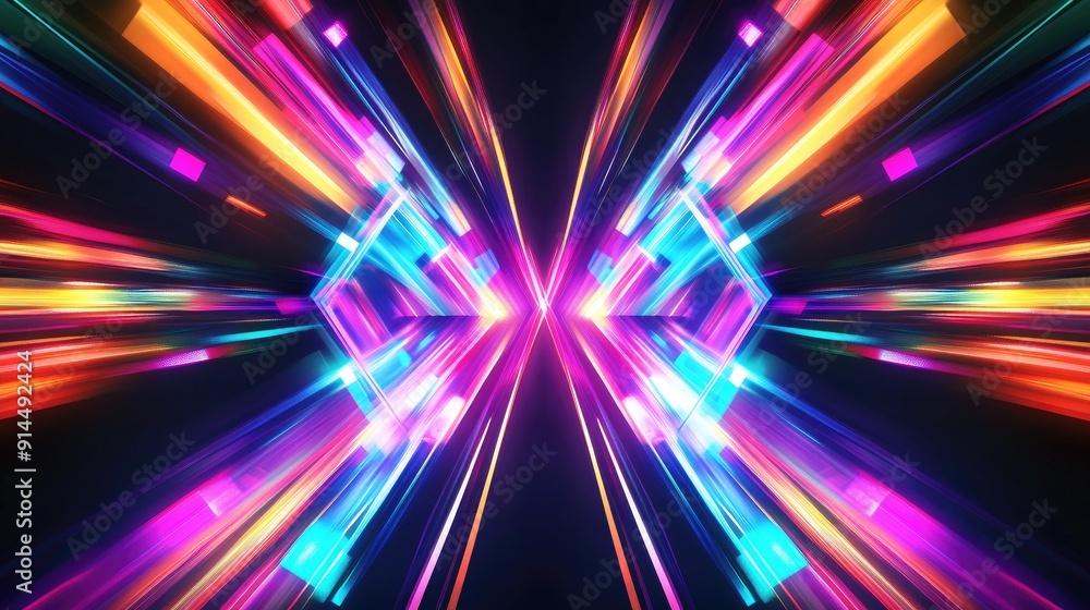 Poster abstract dark background featuring bright neon lines, geometric shapes, and multi-color rays with a 