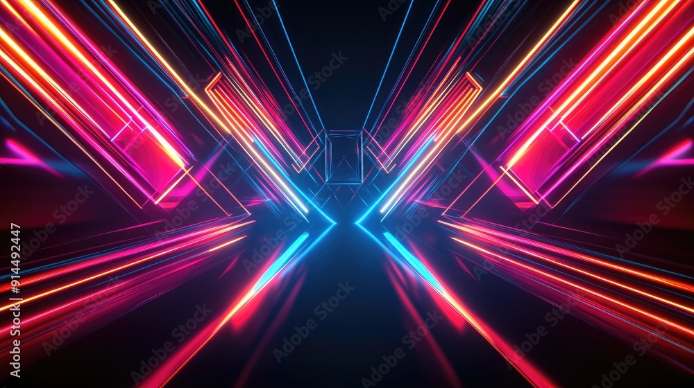 Poster abstract dark background featuring bright neon lines, geometric shapes, and multi-color rays with a 