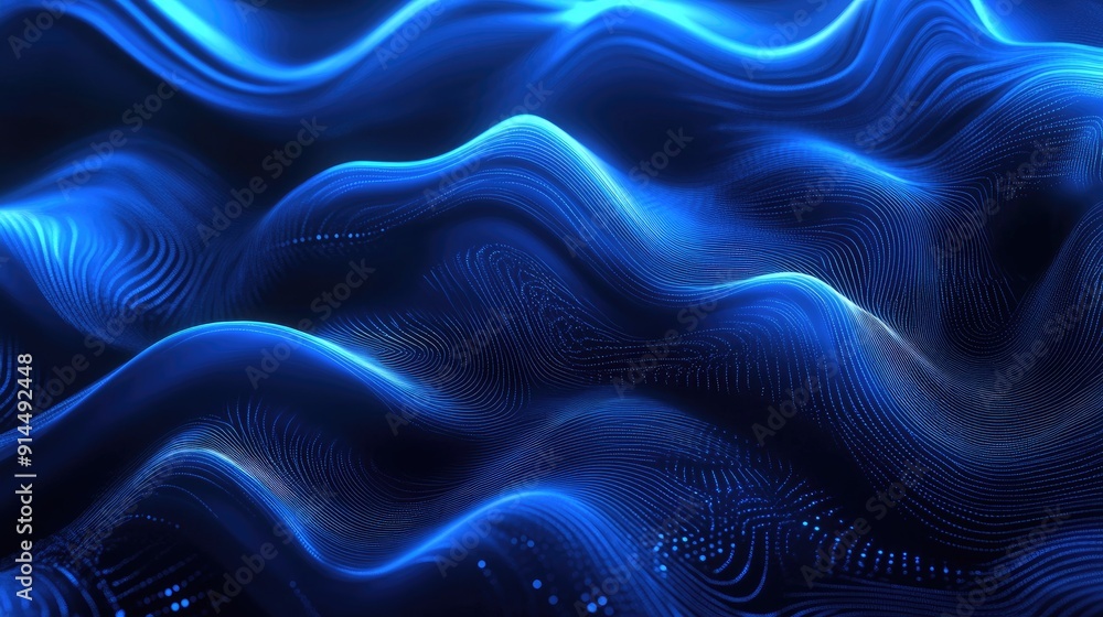 Poster abstract dark blue backdrop with luminous wave patterns, perfect for high-tech and modern projects.