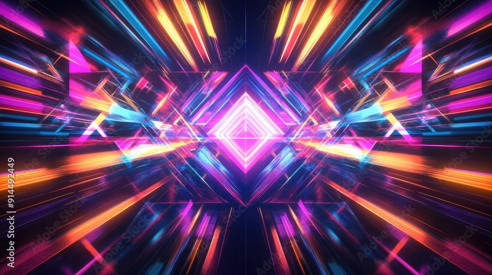 Poster abstract dark background featuring bright neon lines, geometric shapes, and multi-color rays with a 