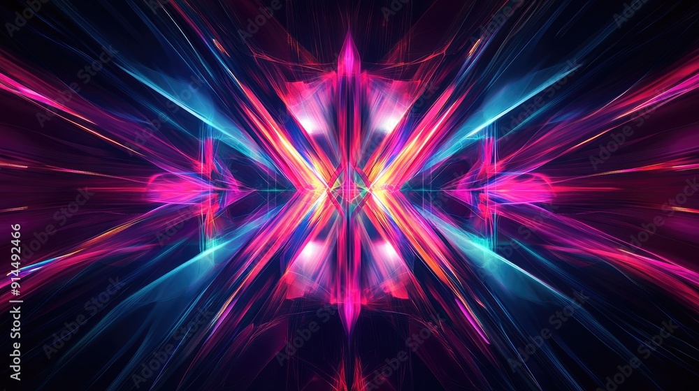 Poster abstract dark background featuring bright neon lines, geometric shapes, and multi-color rays with a 