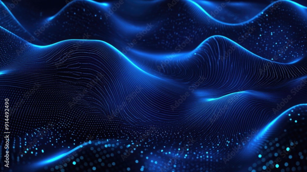 Poster abstract dark blue backdrop with luminous wave patterns, perfect for high-tech and modern projects.
